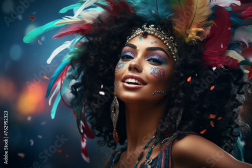 A woman with a colorful headdress and face paint is smiling