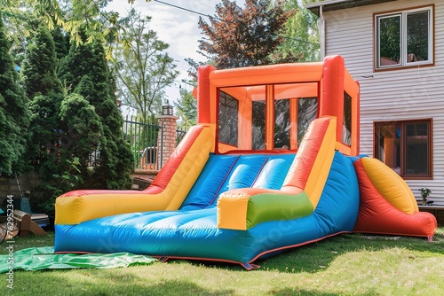 Colorful bouncy castle slide for children playground.