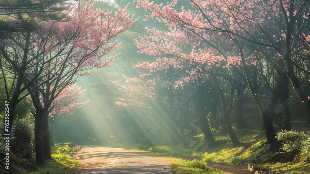 Fototapeta premium Springtime Sunbeam in a Cherry Forest