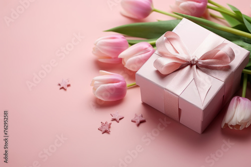 A pink box with a bow on top of a pink background © vefimov
