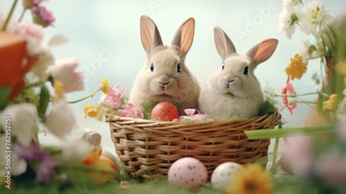 Two rabbits are sitting in a basket full of Easter eggs