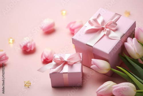 Two pink boxes with ribbons on them are on a pink background © vefimov