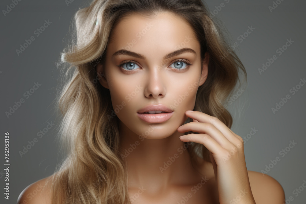 Naklejka premium A woman with long blonde hair and blue eyes is posing for a picture