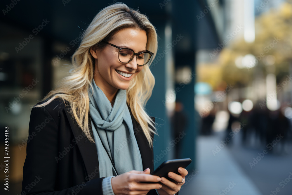 A woman is smiling and looking at her cell phone A woman is smiling and looking at her cell phone