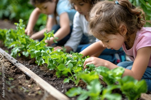 Three Happy Children Planting Colorful Seedlings in Lively Community Garden on Sunny Spring Day, Surrounded by Blooming Flowers and Chirping Birds, Creating Charming Green Sanctuary Together.