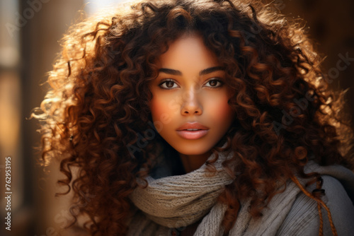 A woman with curly hair is wearing a scarf and looking at the camera