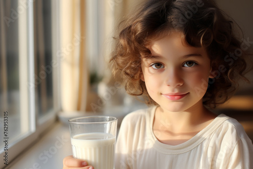 A young girl is holding a glass of milk
