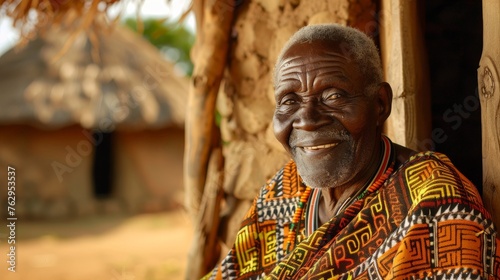 portrait of a smiling old african man in traditional clothes sitting in a traditional african village