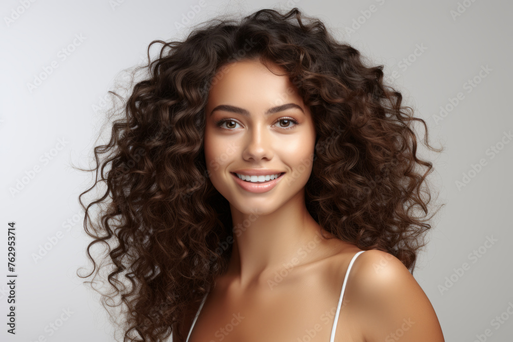 A woman with curly hair is smiling and looking at the camera A woman with curly hair is smiling and looking at the camera
