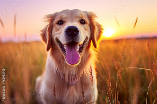A happy golden retriever is sitting in a field of tall grass
