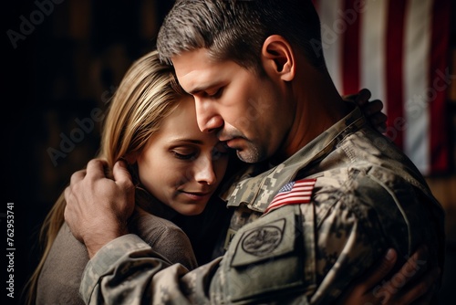 Soldier Embracing Woman Before American Flag