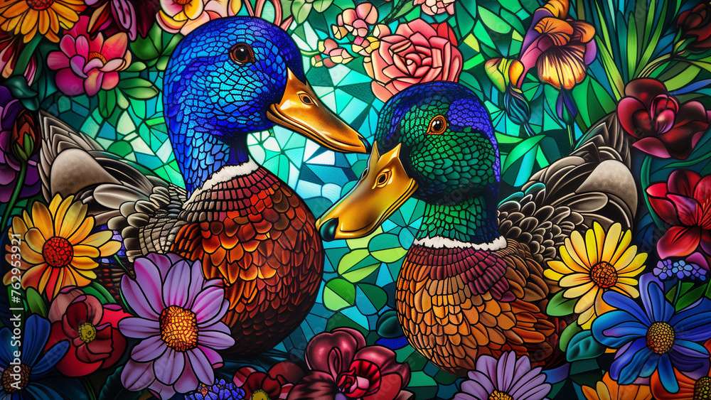 Fototapeta premium Hyper-Realistic Stained Glass with Ducks and Flowers