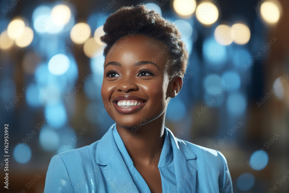 A woman with a blue jacket and a smile on her face A woman with a blue jacket and a smile on her face