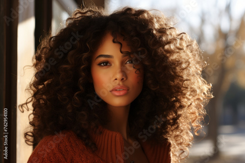 A woman with curly hair is wearing a red sweater