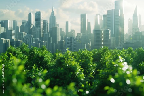 A city skyline is shown with a lush green field in the foreground