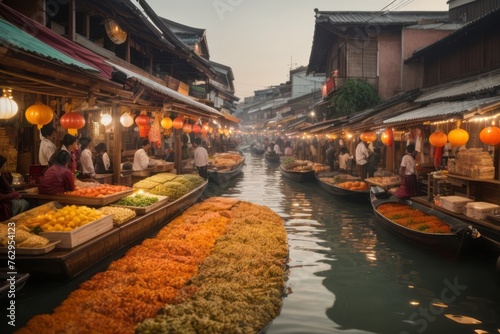 floating food market on the canal with boats full of food photo
