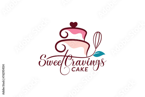 sweet cravings cake logo with a combination of cake, whisk, leaf, and beautiful lettering for cafes, restaurants, bakery shops, etc.
