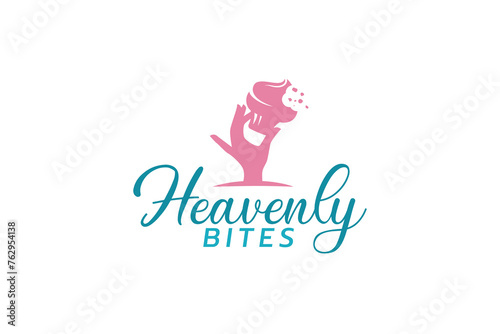 heavenly bites logo with a combination of a woman's hand holding a bitten cupcake and beautiful lettering for cafes, restaurants, bakery shops, etc.