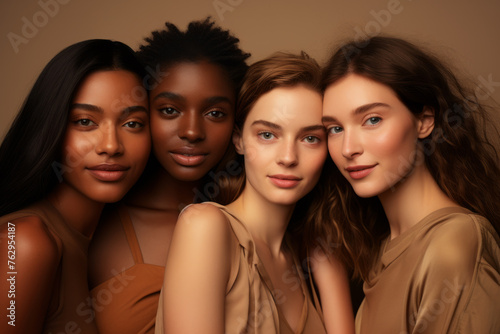 Four women with different skin tones are posing for a photo