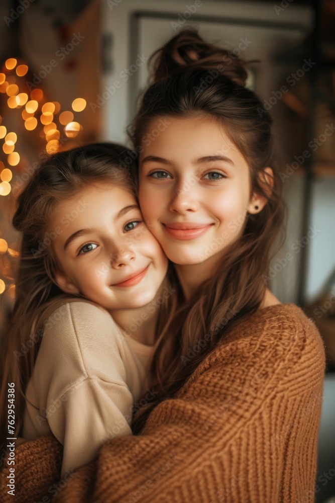 A young girl and her older sister are hugging each other