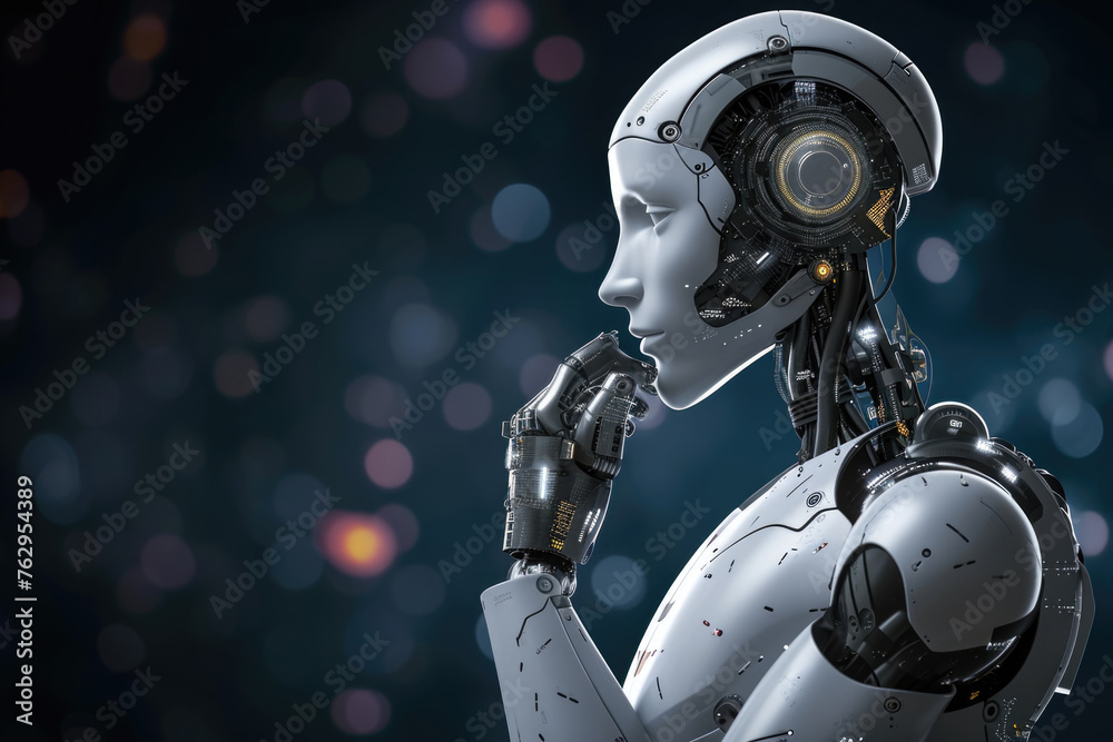 A robot with a face and hands is looking down and appears to be thinking A robot with a face and hands is looking down and appears to be thinking