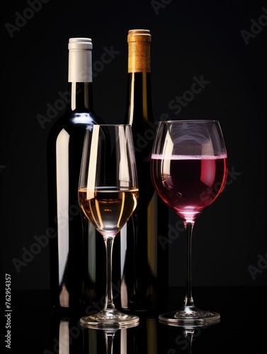 A bottle of wine and two wine glasses are on a table