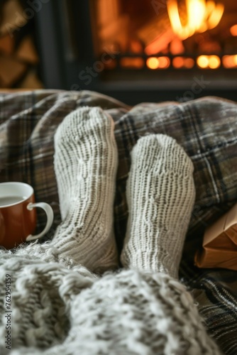 A person is wearing socks and sitting in front of a fireplace