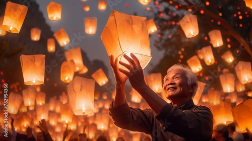 Releasing lanterns during lantern festivals to invoke auspicious blessings, symbolizing prosperity, good fortune, and the fulfillment of wishes.
