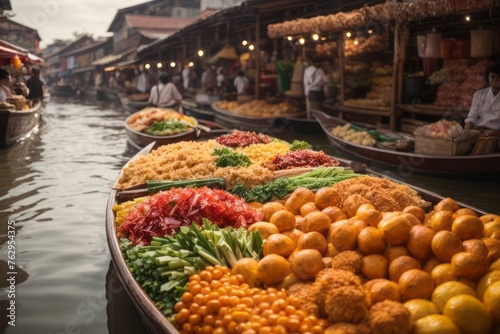 floating food market on the canal with boats full of food