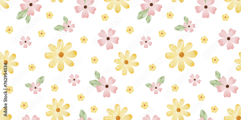 Pink, yellow wildflowers and leaves. Watercolor hand drawn seamless pattern of Simple flowers. Cute print for fabric, scrapbooking, wrapping paper, design of card