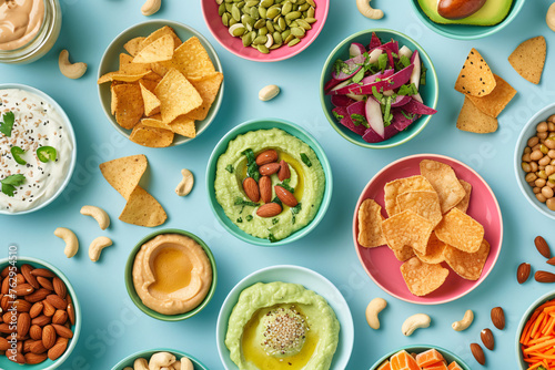 A playful image featuring a variety of tasty plant-based snacks, arranged in a visually appealing display, perfect for promoting healthy snacking options.