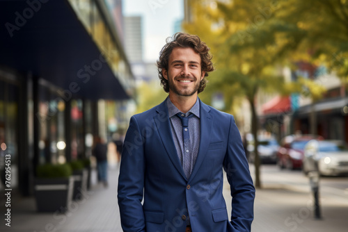 A man in a blue suit is smiling and standing on a sidewalk