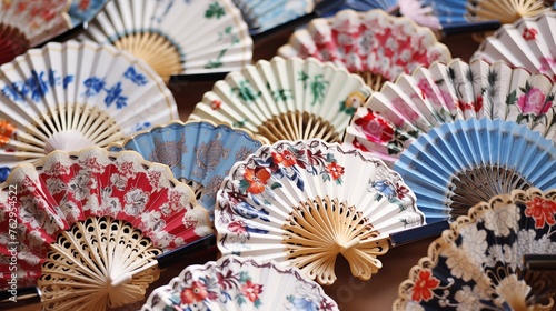 beautifully adorned paper fan with intricate and elegant designs, adding a touch of aesthetic beauty to any setting or occasion. 