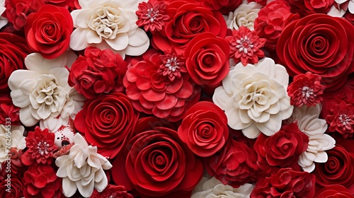 Artificial flowers crafted from thin sponge sheets, featuring alternating red and white petals, mimicking the natural beauty of blooming blossoms. 