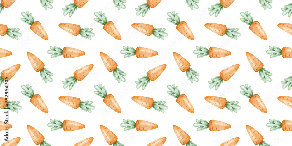 Fresh carrots with leaves. Organic healthy vegetarian food. Isolated watercolor seamless pattern. Print for children's goods, Easter cards, packaging paper, invitations, baby's textiles, scrapbooking.