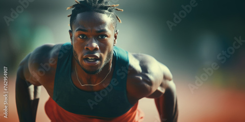 A man with a shaved head and a black tank top is running