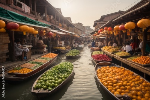 floating food market on the canal with boats full of food photo