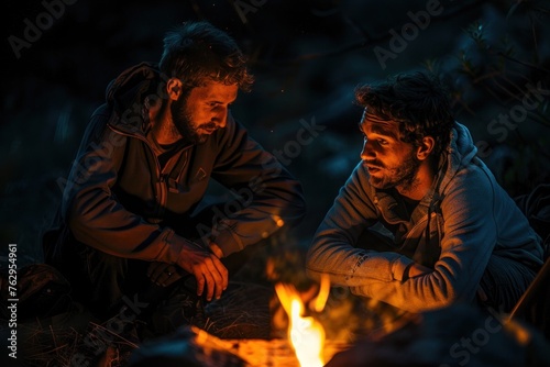 A Serene Scene of Two Bearded Men Embracing the Spirit of Nature, Sharing Laughter and Stories by the Campfire in the Peaceful Wilderness, Beneath a Canopy of Twinkling Stars in the Clear Night Sky
