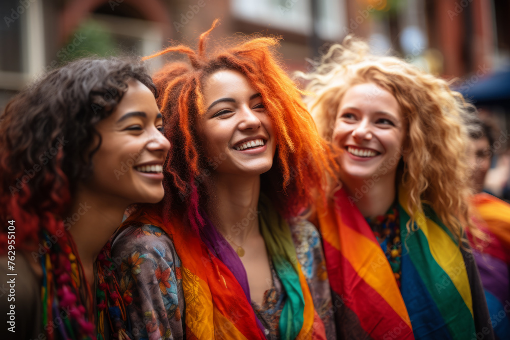 Three women with colorful hair and scarves are smiling and laughing together