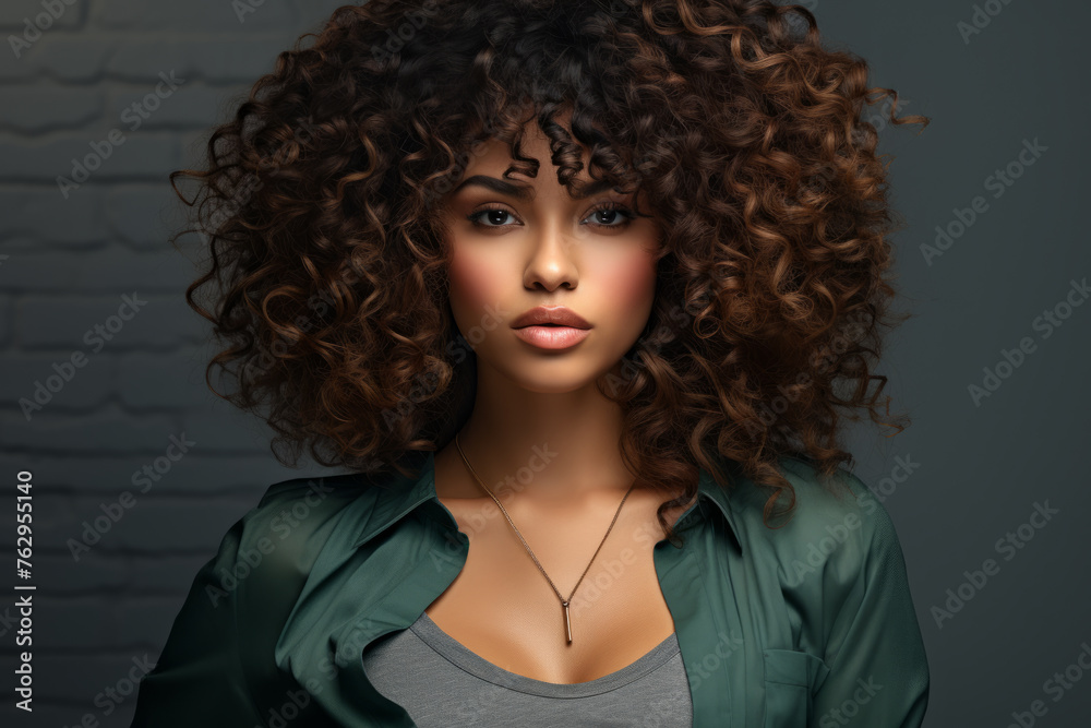 A woman with curly hair is wearing a green shirt and necklace