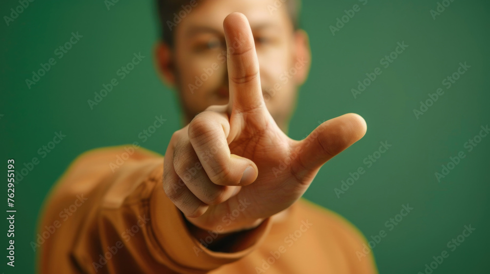 A man is pointing his finger up in the air