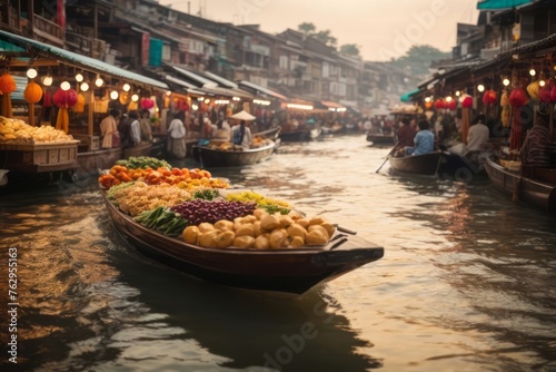 floating food market on the canal with boats full of food photo