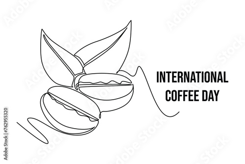 Simple continuous line drawing icon international day of coffee banner and icon. Picture of coffee beans and realistic illustration. Simple line, continuousline. International coffee day minimalist co photo