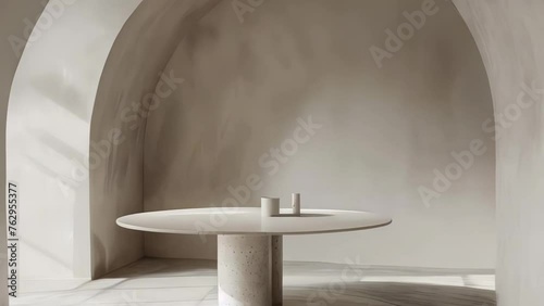 Interior of minimalistic bathroom with white walls, concrete floor, round white sink and arches. photo