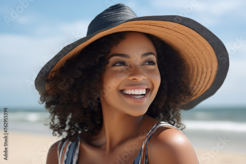 A woman with a black and brown hat is smiling at the camera