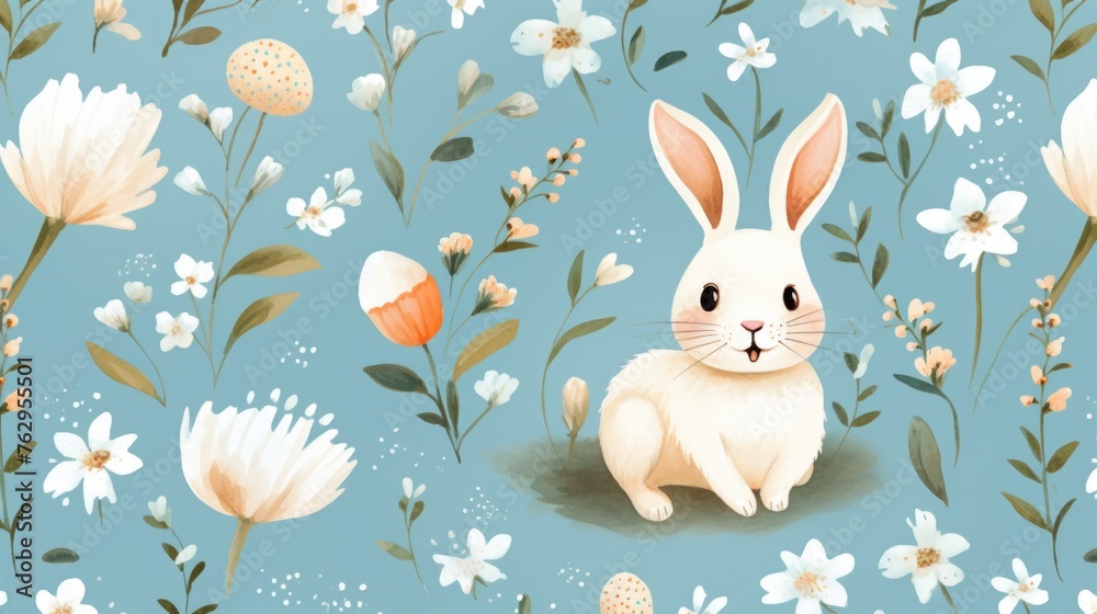 A blue and white background with a rabbit sitting in the foreground