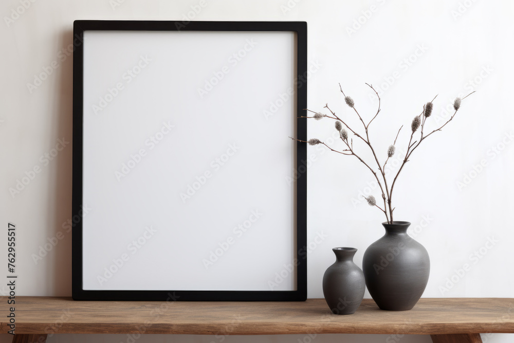 A black frame with a white background sits on a wooden table A black frame with a white background sits on a wooden table