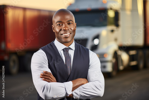 A man in a suit and vest stands in front of a large truck © vefimov