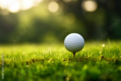 A white golf ball is sitting on a green grassy field
