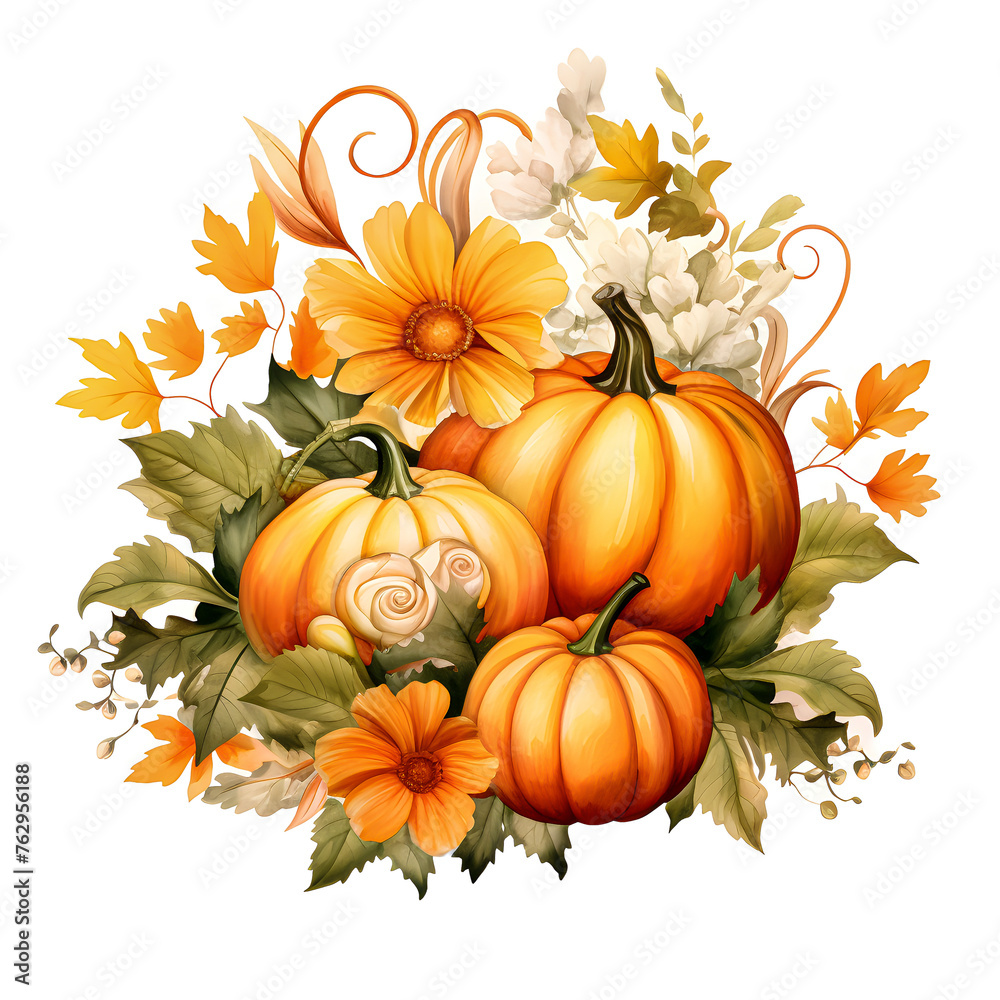 Clipart illustration pumpkins and autumn flowers leaves on white background. Suitable for crafting and digital design projects.[A-0003]